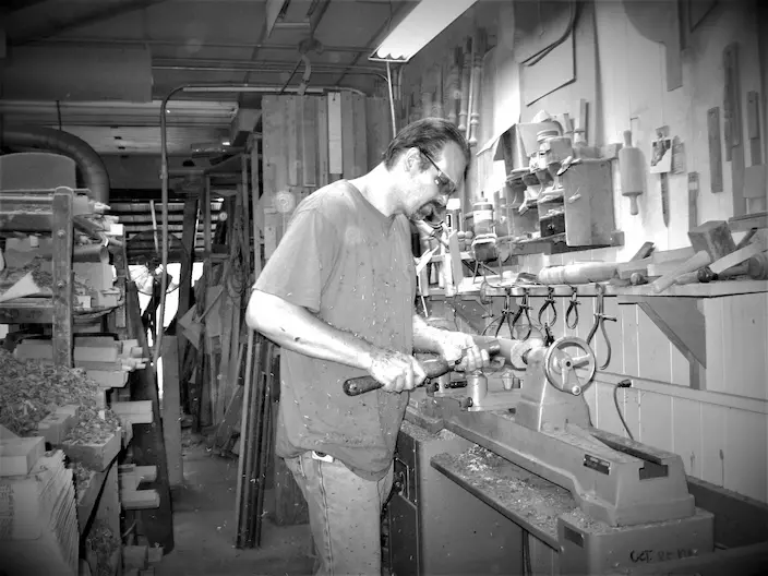 Mike Schanz woodworking at lathe