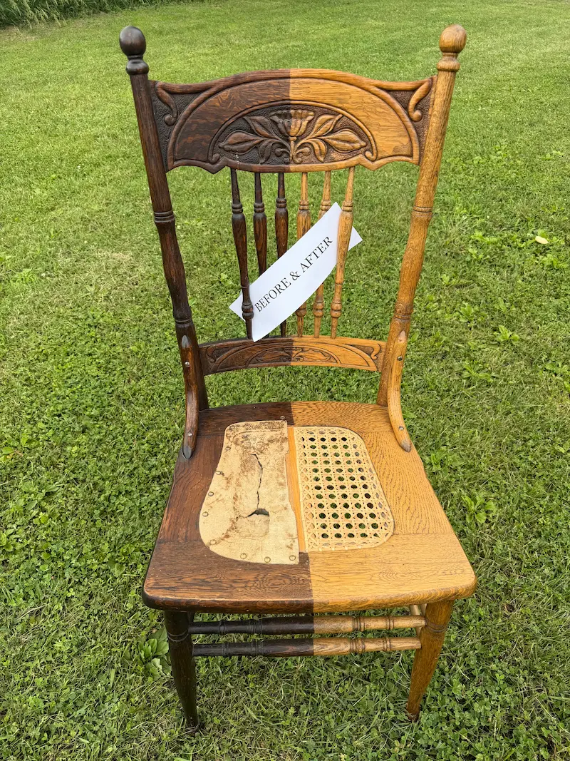 An oak chair shown before and after refinishing