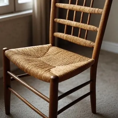 Brown rush seat weaving